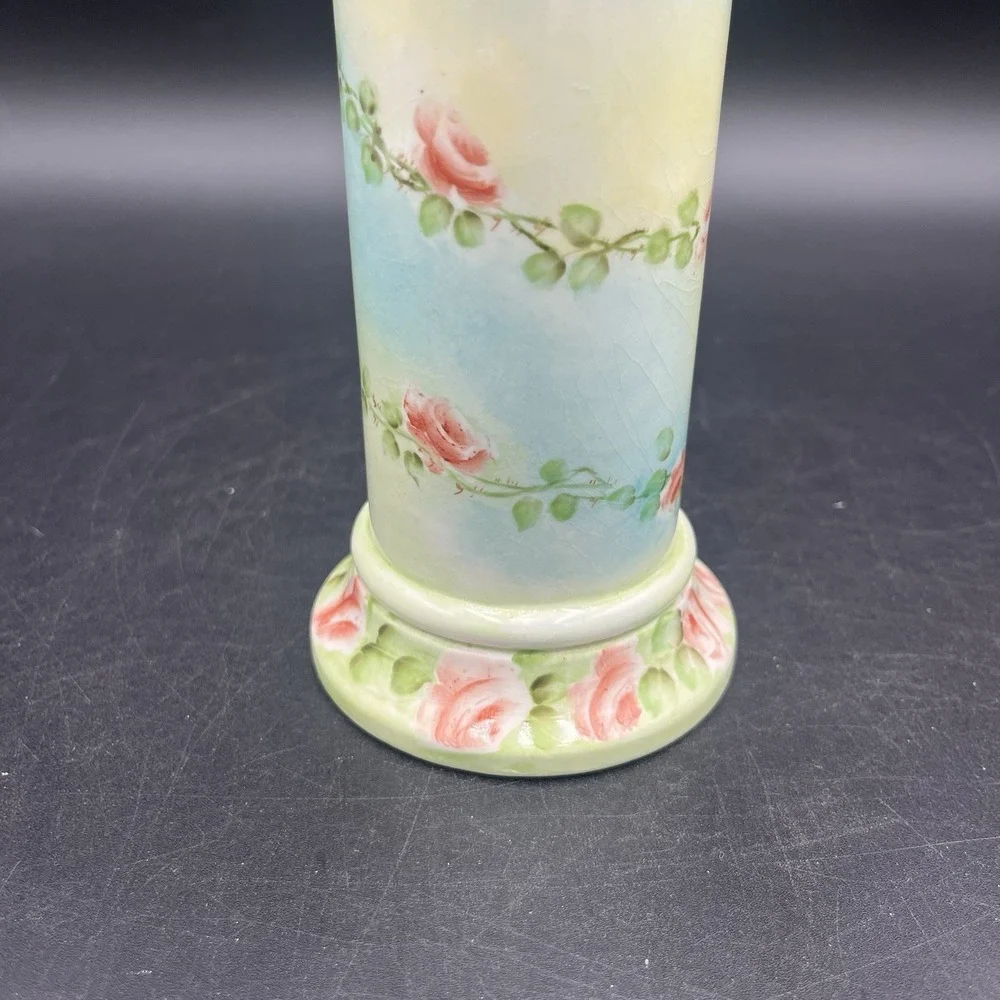 Antique Rare Floral Cylindrical Vas With Delicate Lattice Basket Weave Maker Unk